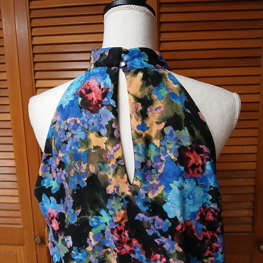 New York & Company Womens Blue Watercolor Sleeveless Halter Maxi Dress Medium - Picture 8 of 11